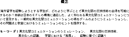 
  äCäOóØäwÇåoå±ÇµÇÊÇ§Ç∆Ç∑ÇÈäwê∂Ç™ÅAÇ«ÇÃÇÊÇ§Ç…äwÇ‘Ç±Ç∆Ç≈àŸï∂âªä‘ÇÃåè¬ãZèpÇÃâÔìæÇâ¬î\Ç…Ç∑ÇÈÇÃÇ©ÅHñ{&eacute;ÜÇÕì˙ñ{ÇÃÇdÇeÇkÇÃä¬ã´Ç…ìKâûÇµÇΩÅAÇÊÇ≠ímÇÁÇÍÇÈàŸï∂âªä‘ÉRÉ~ÉÖÉjÉPÅ[ÉVÉáÉìÇ…Ç¬Ç¢ÇƒåæãyÇ∑ÇÈÅBàÍî ìIÇ»àŸï∂âªä‘ÉRÉ~ÉÖÉjÉPÅ[ÉVÉáÉìÇÃèÍÇÉQÅ[ÉÄÇÃÇÊÇ§Ç…ÉVÉ~ÉÖÉåÅ[ÉVÉáÉìÇµÅAÇªÇÃñ‚ëËì_Ç∆ã≥&eacute;∫Ç…Ç®ÇØÇÈÉVÉ~ÉÖÉåÅ[ÉVÉáÉìÇÃÉqÉìÉgÇíÒãüÇ∑ÇÈÅB

ÉLÅ[ÉèÅ[ÉhÅFàŸï∂âªä‘ÉRÉ~ÉÖÉjÉPÅ[ÉVÉáÉìÇÃÉVÉ~ÉÖÉåÅ[ÉVÉáÉìÅAÅ@àŸï∂âªä‘ÇÃåè¬ãZèpÅA
                       àŸï∂âªÇ÷ÇÃîF&eacute;ØÅAÅ@äwèKÇ…Ç®ÇØÇÈÅuî≠å©ÅvÅAÅ@åoå±Ç…äÓÇ√Ç≠îF&eacute;Ø