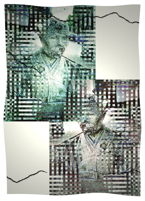 Composite photo of a cracked monk statue in Japan, titled 'It's the Cracks that Teach'