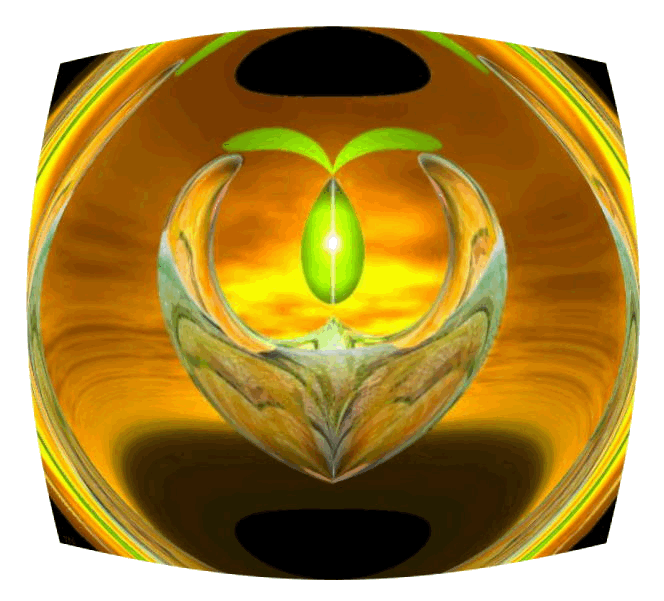 Spirit Seed - an artwork by T Newfields showing a seed germinating in a heart surrounded by golden haze